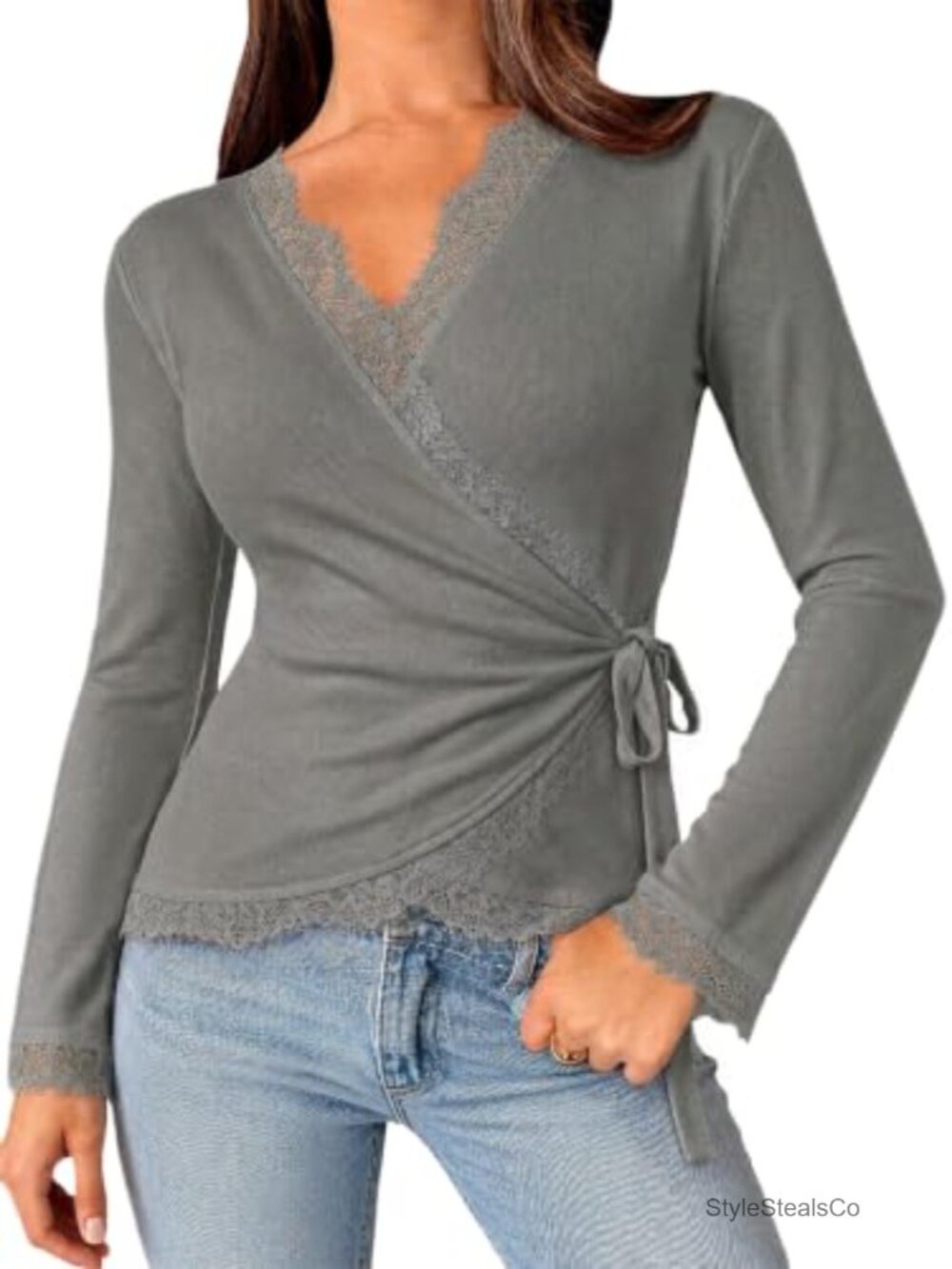 Womens Long Sleeve Lace Trim V Neck Blouse Slim Fit Tie Waist Top